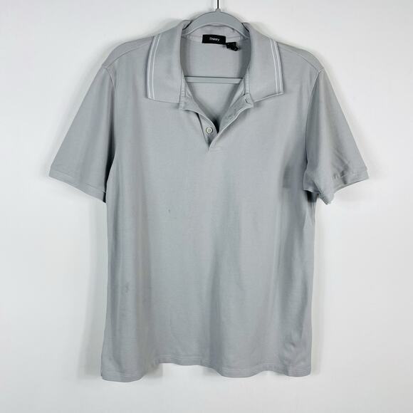 Theory Size Large Striped Collar Precise Polo Shirt Gray Short Sleeve Cotton - Picture 1 of 7
